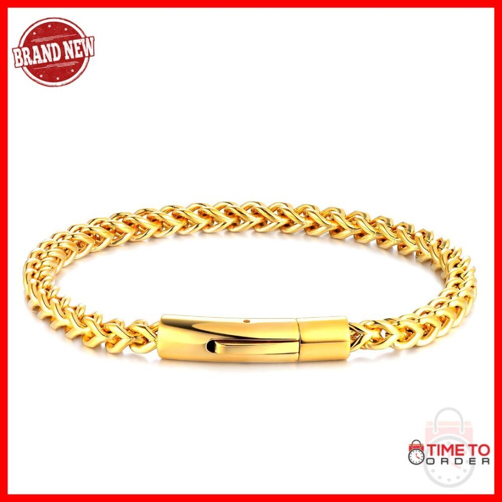 Solid 18K Gold Mesh Chain Bracelet Cuban Punk Style Unisex Gift